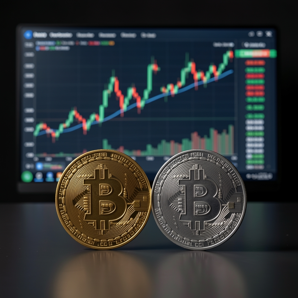Физические монеты биткоина и эфириума на фоне экрана с криптовалютными графиками в тёмной комнате