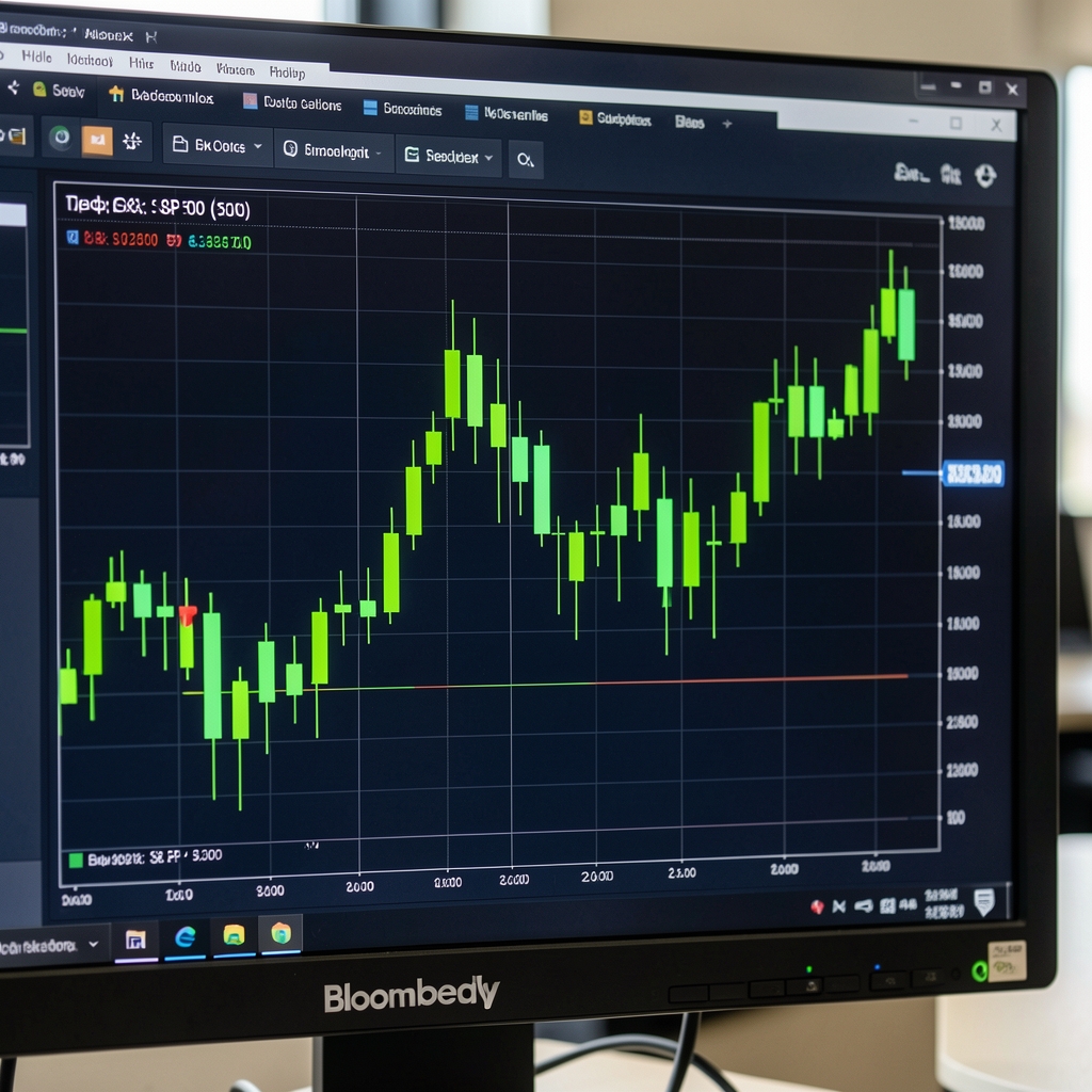 График индекса S&P 500 на фоне финансового центра Нью-Йорка, бычий тренд на экране Bloomberg терминала